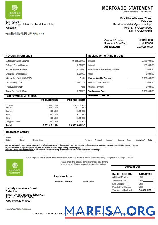 Downloadable Palestine Quds bank mortgage statement in Word and PDF formats real example